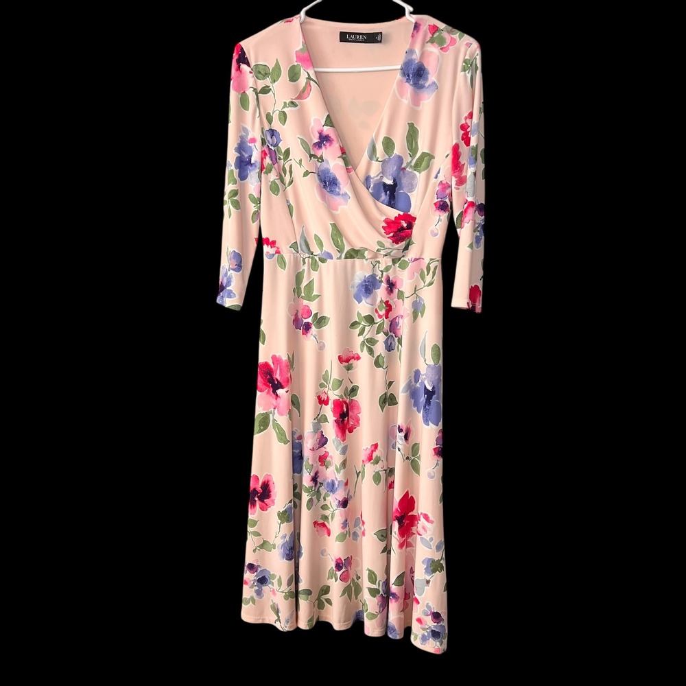 LAUREN Ralph Lauren Women's‎ Pink Floral Print Surplice Jersey Midi Dress Size 4
